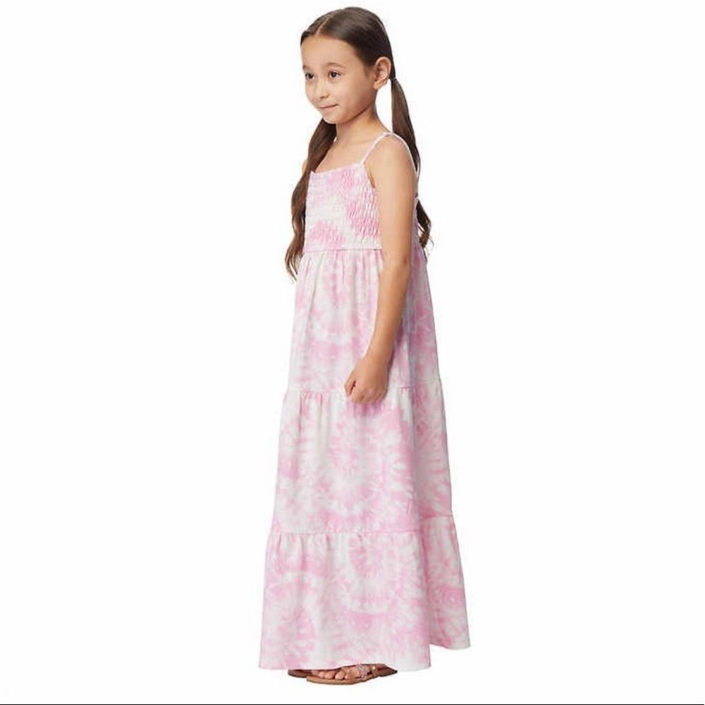 32 Degrees Youth Smocked Maxi Dress, Pink Tie Dye, Medium 10/12